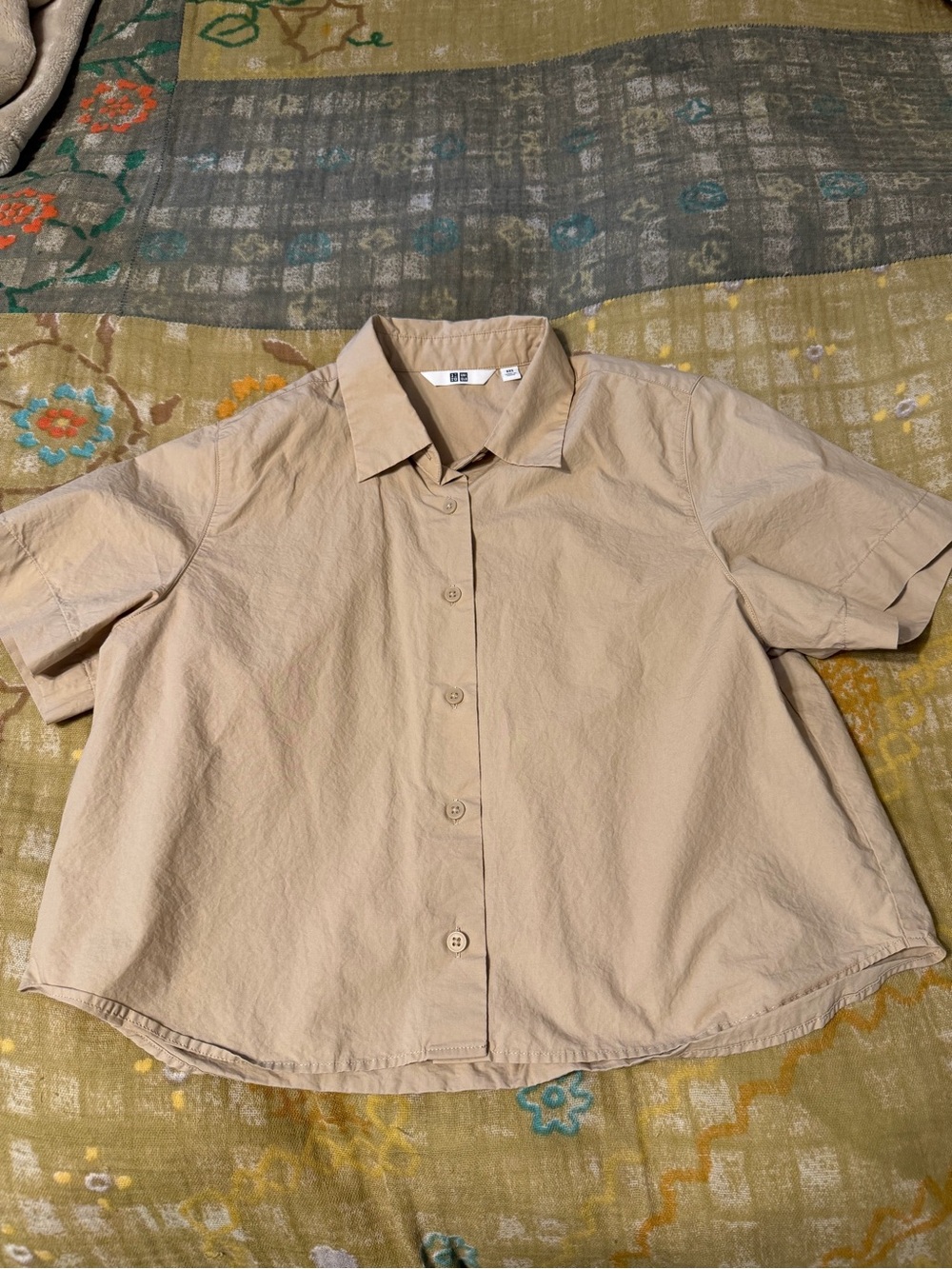 Beige Short-Sleeve Button-Up Shirt